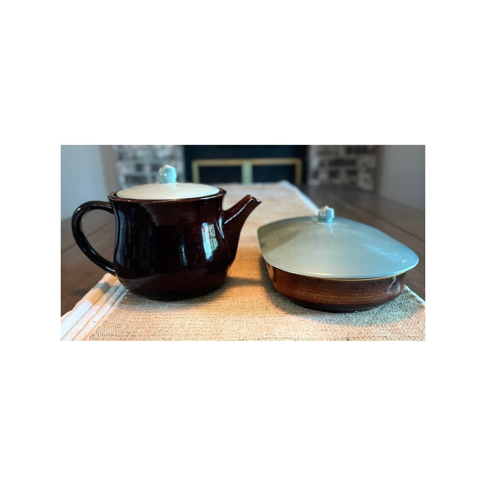 Red Wing USA Pottery Village Green Teapot and Covered Divided Dish Vintage